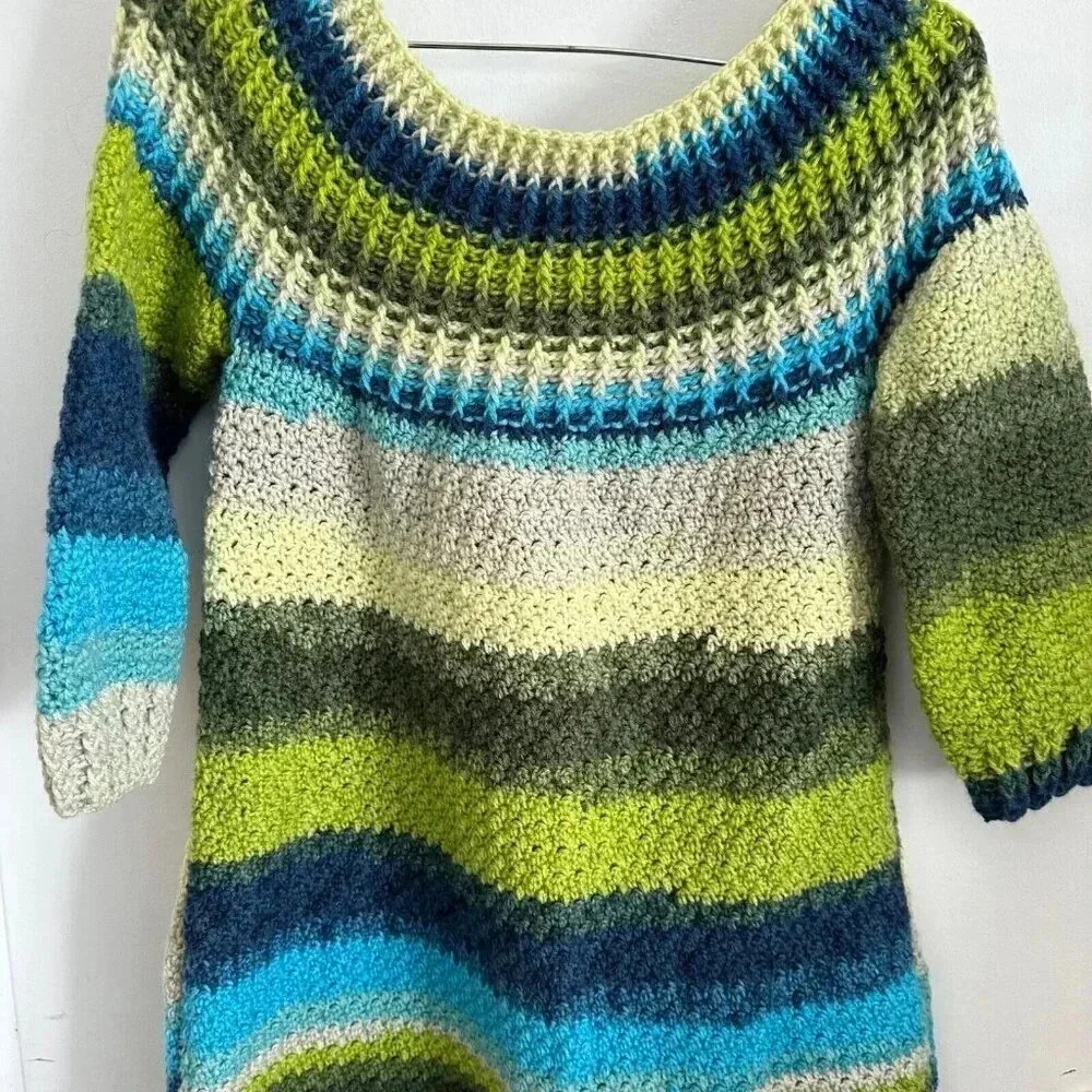 Handmade XS crochet knit dress blue green short with 3/4 sleeves - Picture 7 of 10